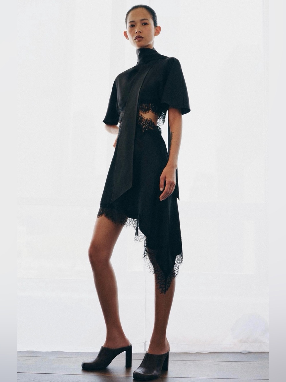 Zara Black Asymmetric Lace-Trim Dress